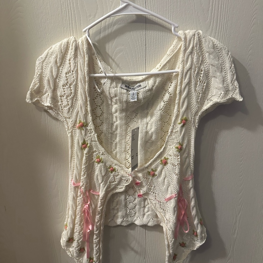 Urban Outfitters Cream Knit Crochet Tie-Front Top with Pink Ribbon Detail